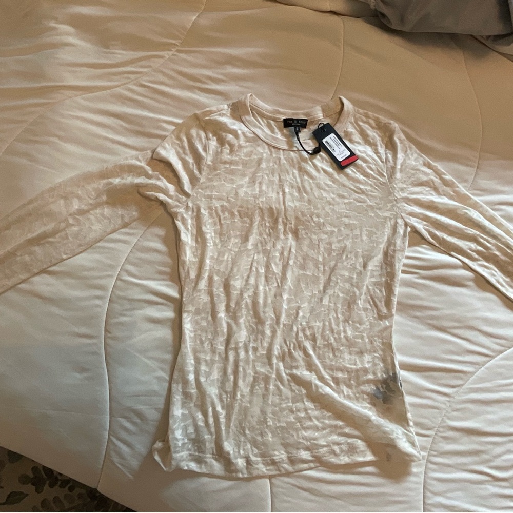 Rag & Bone Cream Fitted textured sheer cammo Long Sleeve top